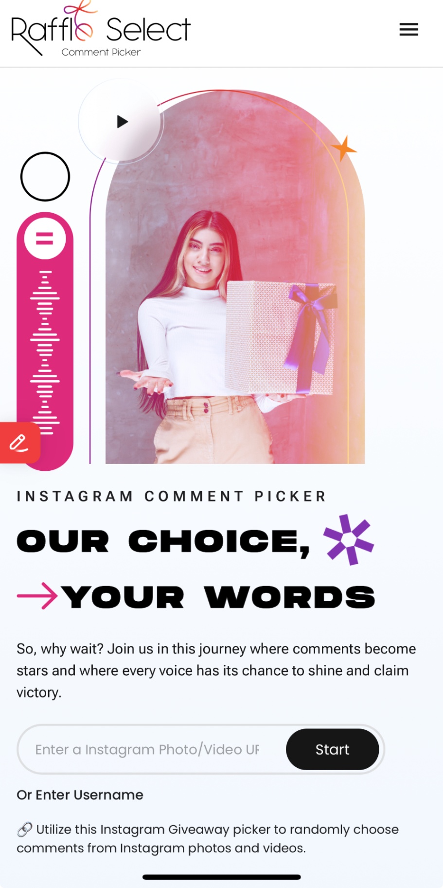 RaffleSelect Instagram Comment Picker Page Screenshot