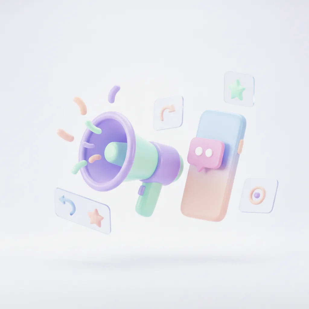Megaphone with confetti beside a phone with a highlighted comment
