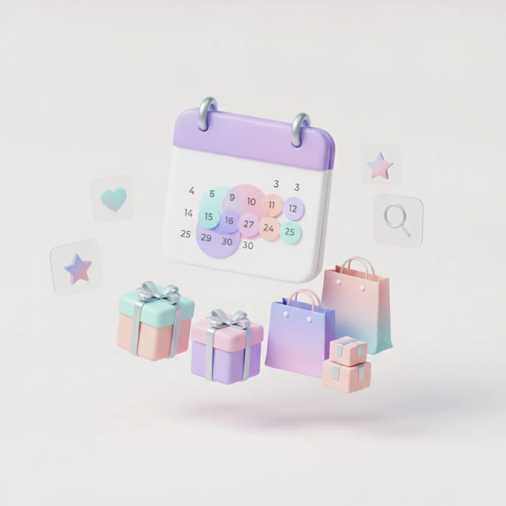 Calendar with circled dates among holiday gifts and shipping boxes