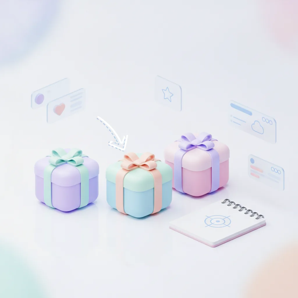 Three gift boxes with one chosen, next to a notepad with a target