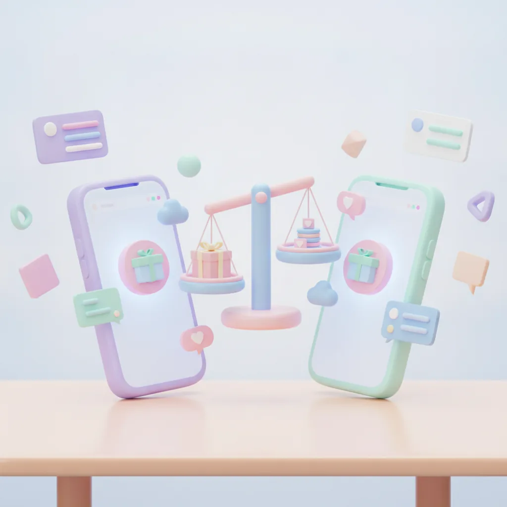 Two phones with giveaway posts weighed on a balance scale