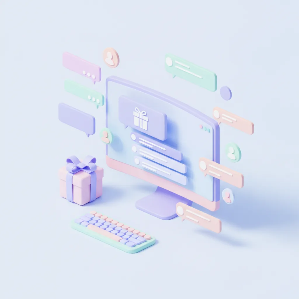 Computer screen with a page post and comment thread next to a gift box