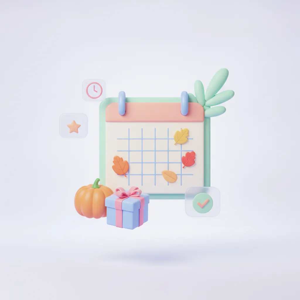 Calendar decorated with fall leaves, pumpkin and holiday gift