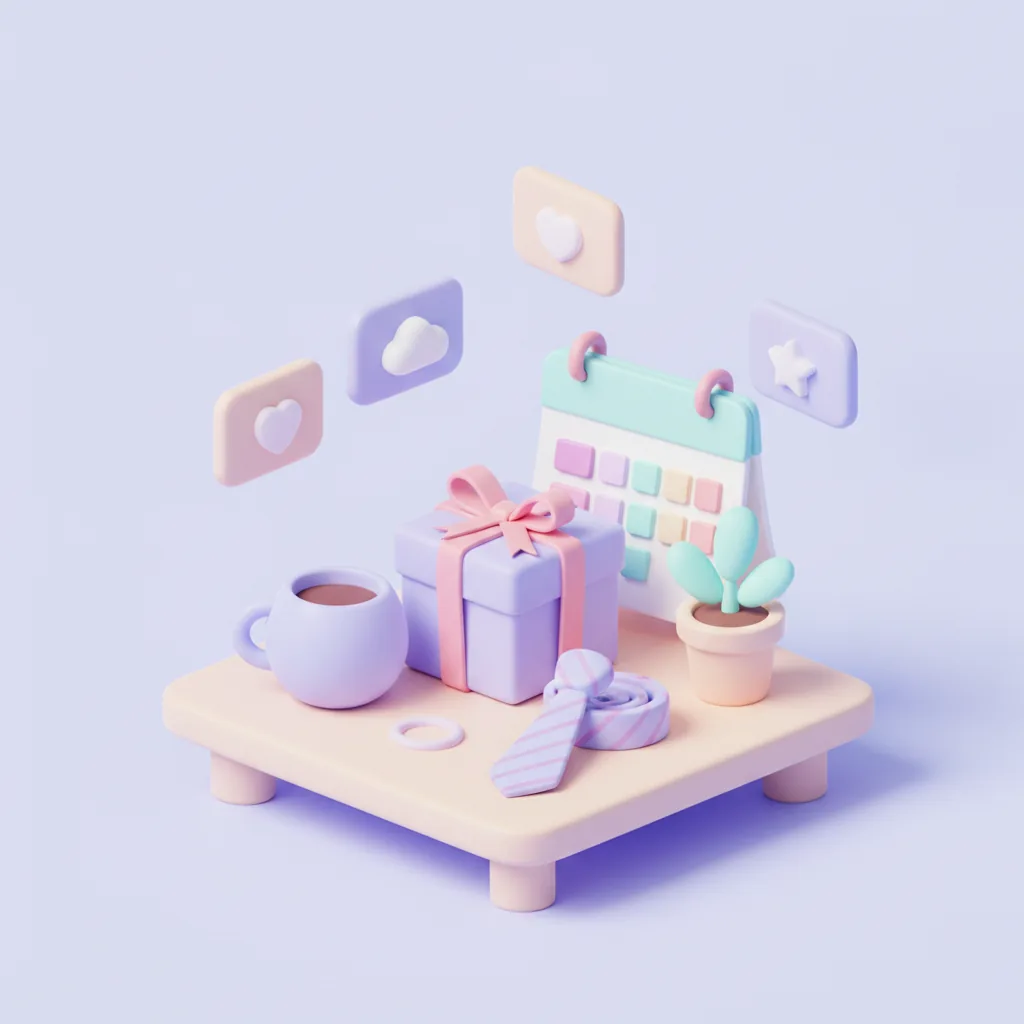 Father's Day gift box with a mug and necktie beside a calendar