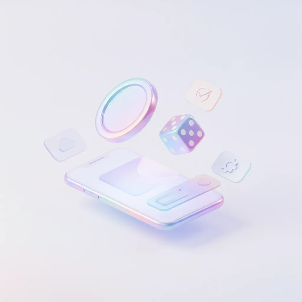 Spinning coin and rolling dice above a phone