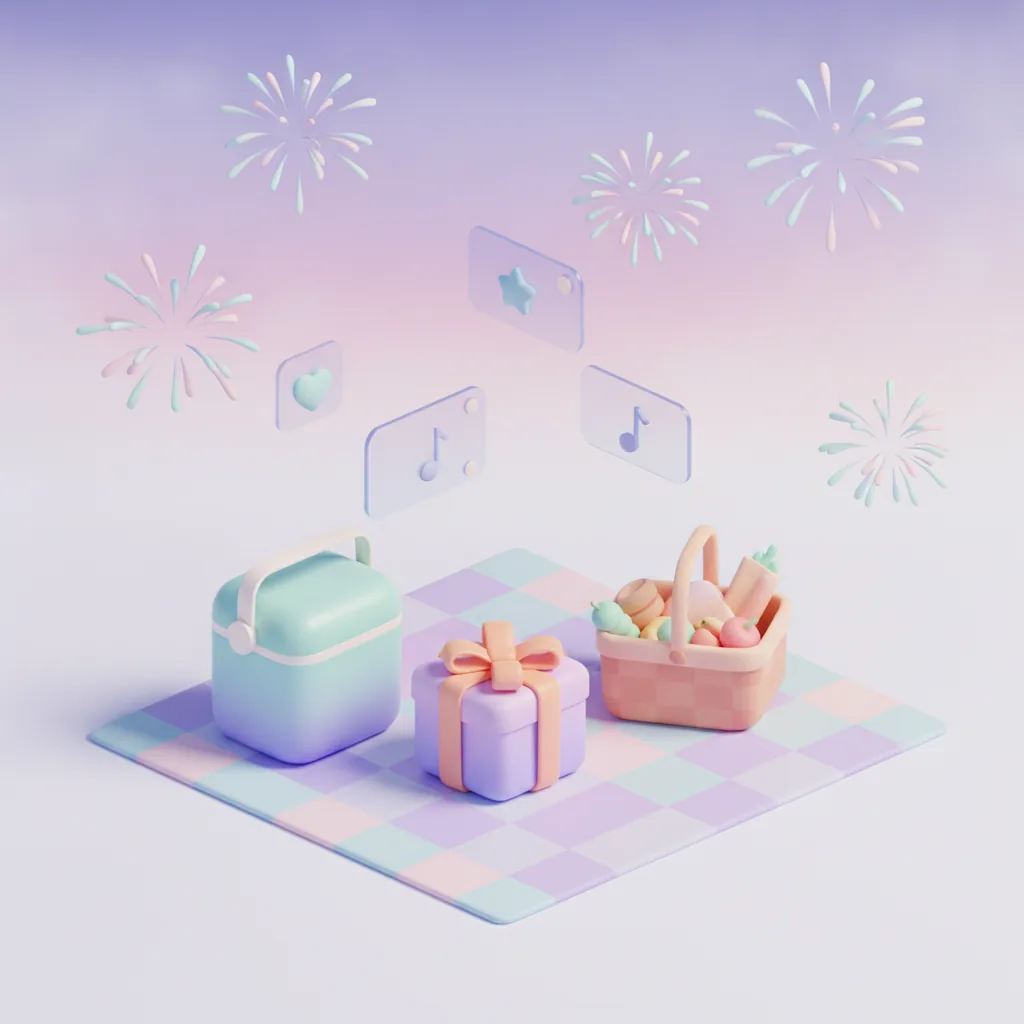 Summer picnic scene with a gift box under fireworks