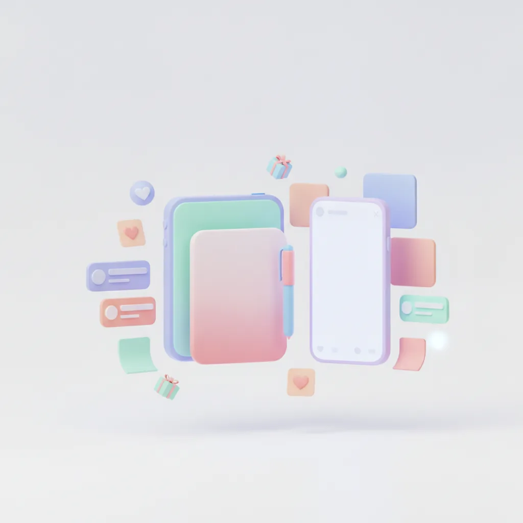 Notepad and phone with sticky notes and small gift boxes