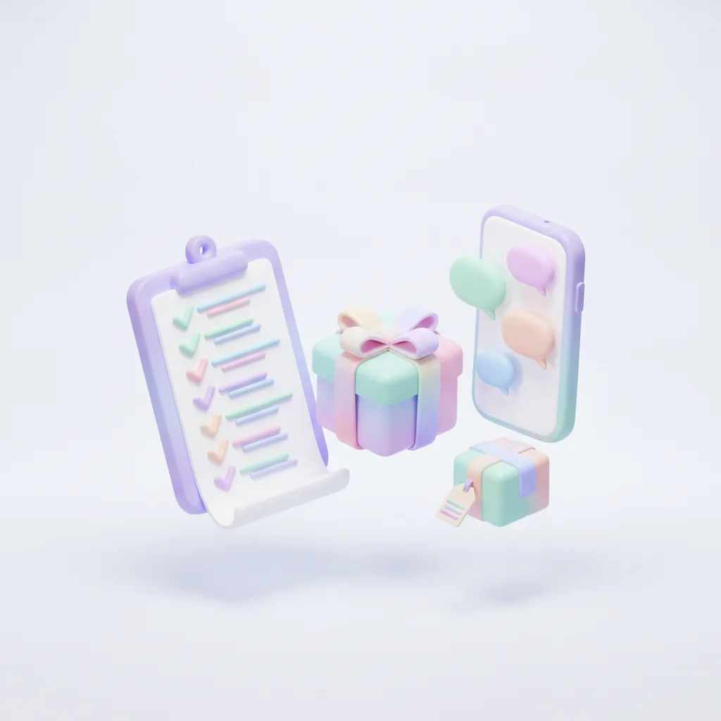 Clipboard checklist next to a gift box, phone and shipping parcel