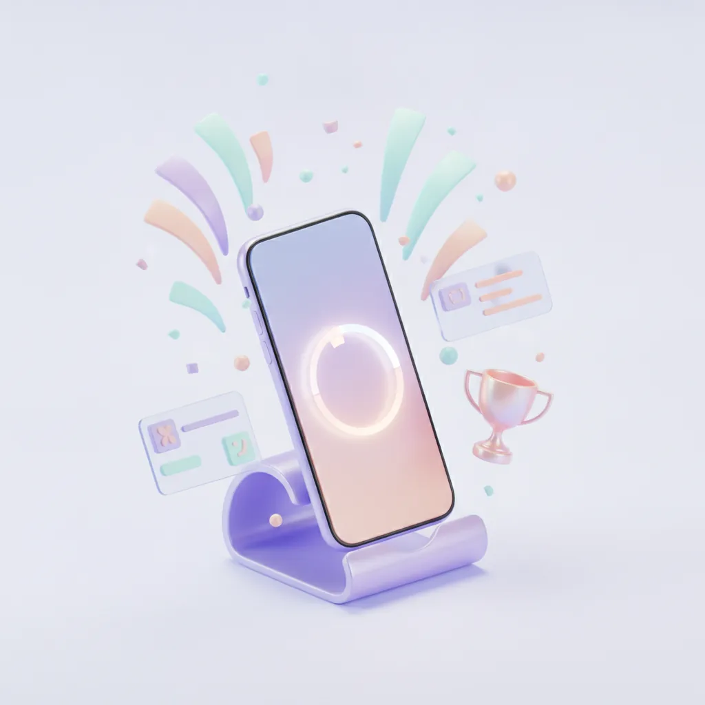 Phone showing a countdown animation with confetti and a trophy
