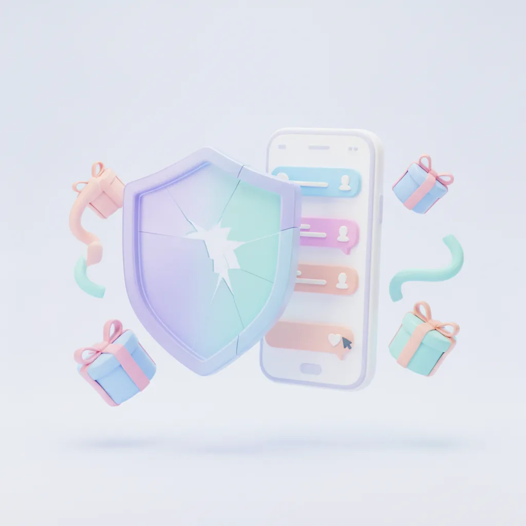 Cracked shield next to a phone with giveaway comments