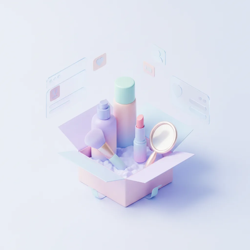 Skincare bottles and makeup arranged around an open gift box