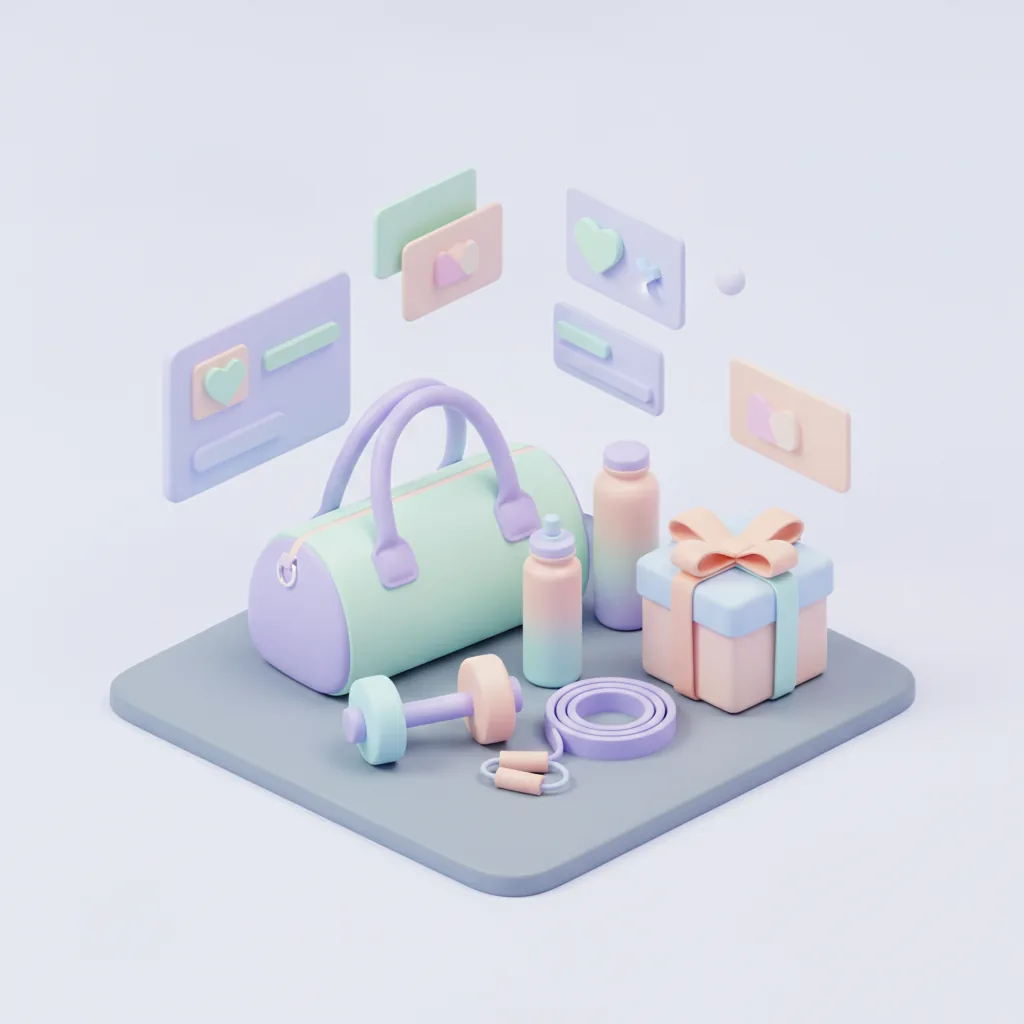 Gym bag, dumbbells and water bottle next to a gift box