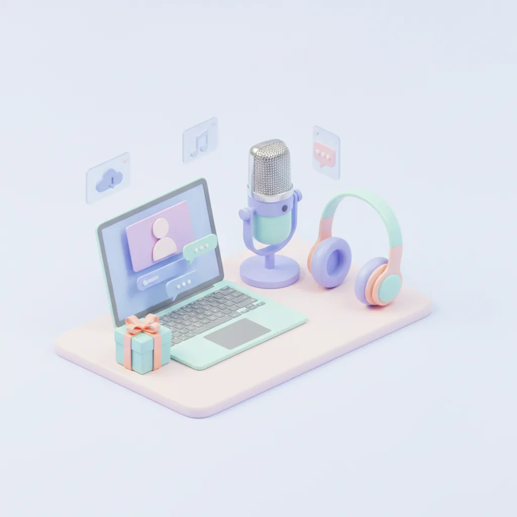 Podcast microphone and headphones beside a laptop and gift box