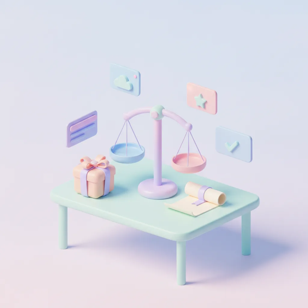 Scales beside a gift box and a paper scroll