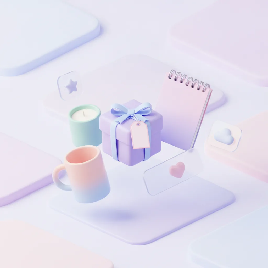 Small wrapped gift box surrounded by affordable prize items