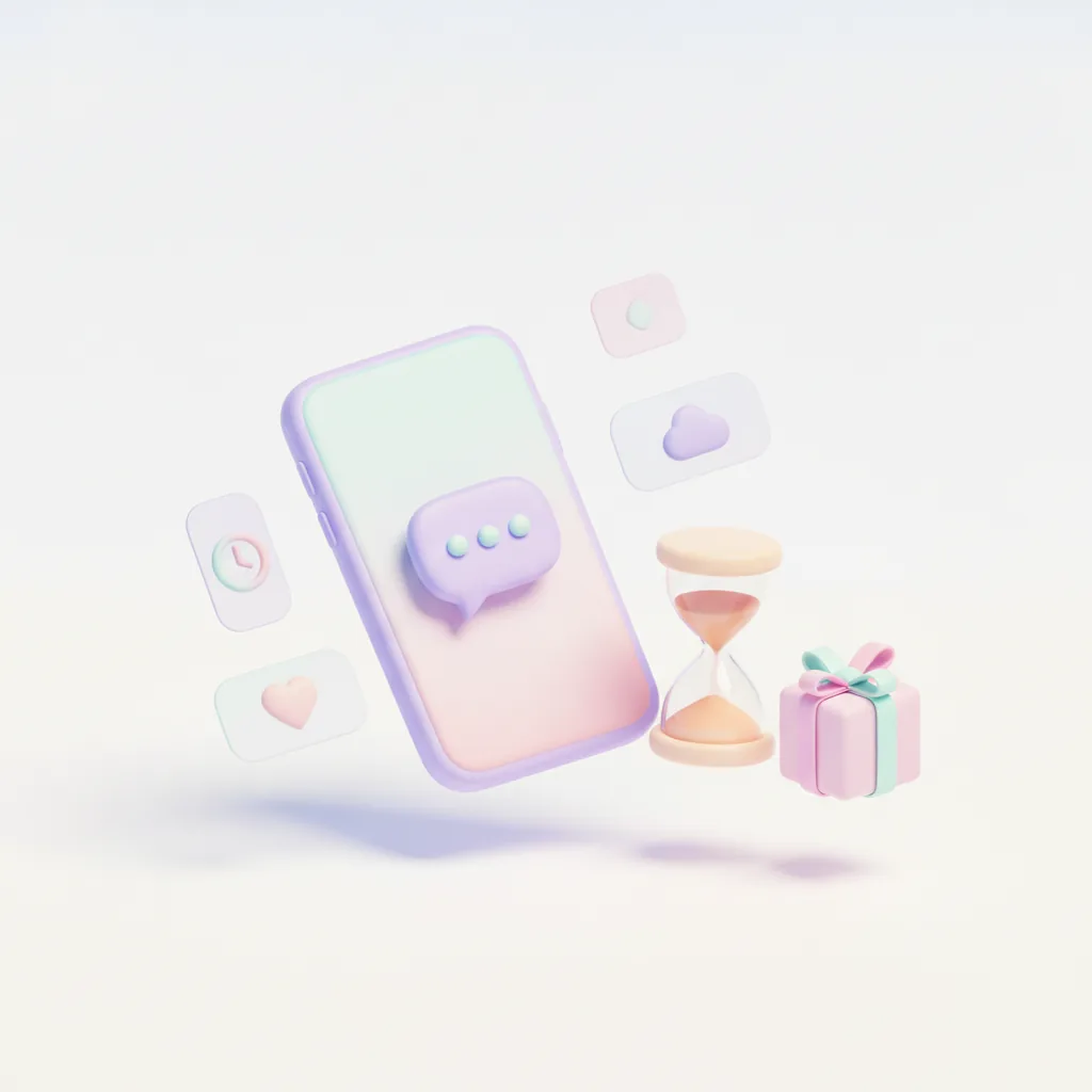 Phone with an unanswered message beside an hourglass and a gift box