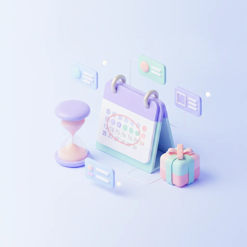 Desk calendar with circled days, an hourglass and a gift box
