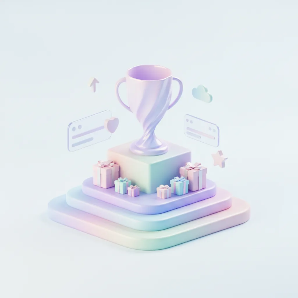 Podium with a trophy and smaller gift boxes