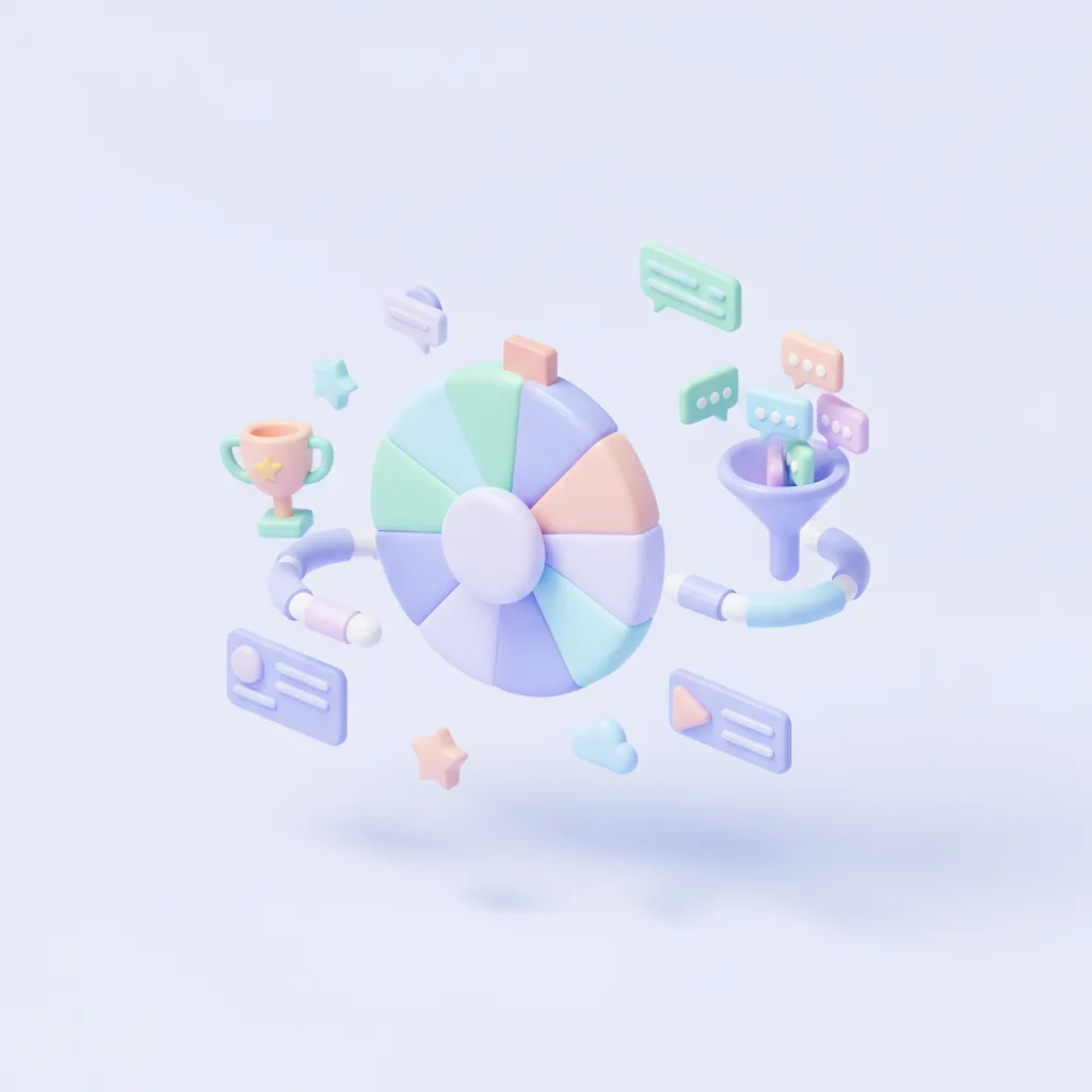 Comment bubbles flowing through a funnel to a selection wheel and trophy