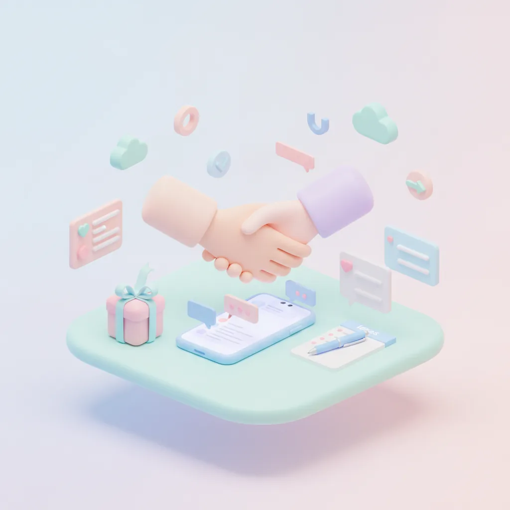 Handshake over a desk with a phone, gift box and notepad