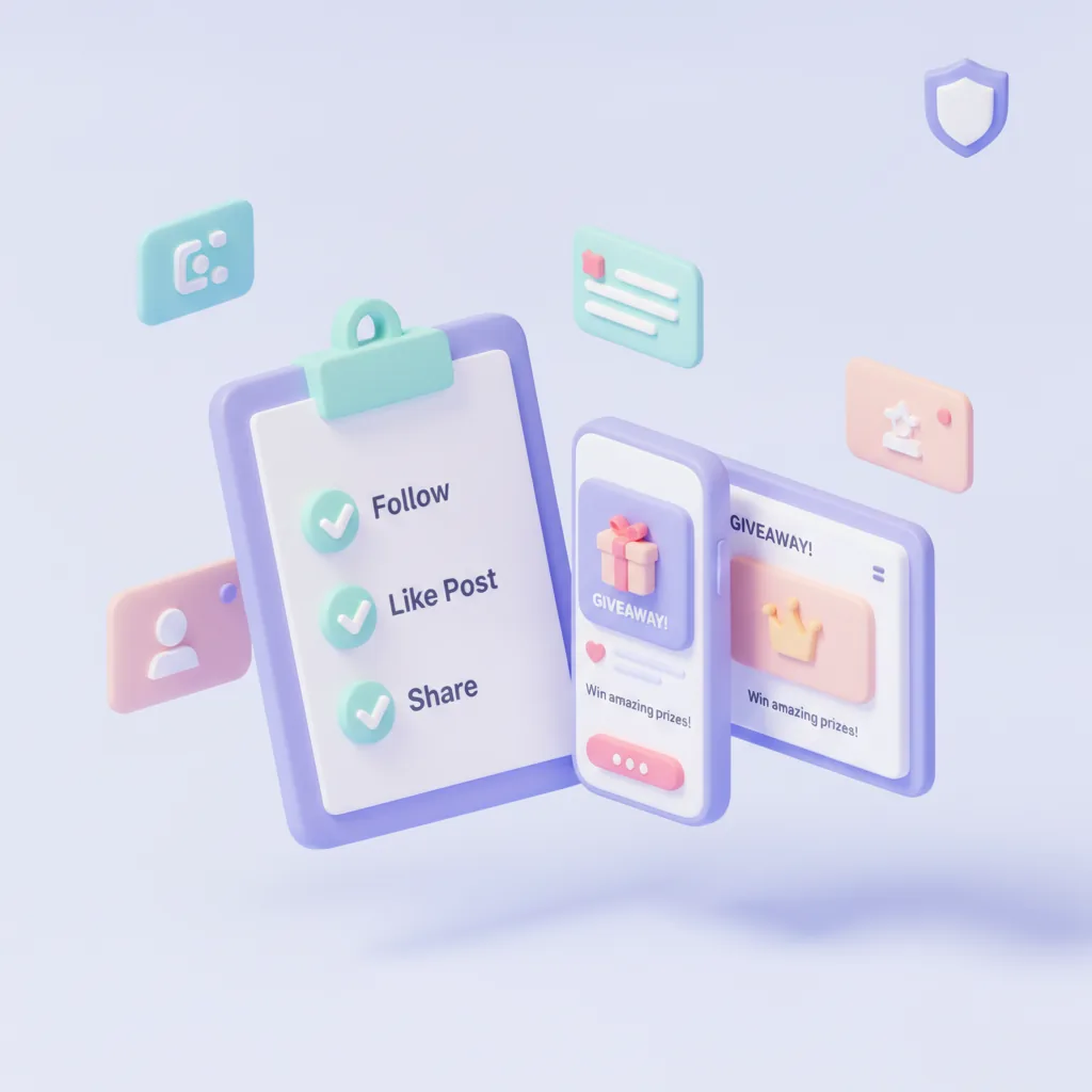 Checklist with phone and tablet showing giveaway posts
