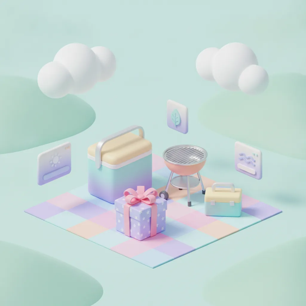 Picnic setup with cooler, grill, gift box and toolbox