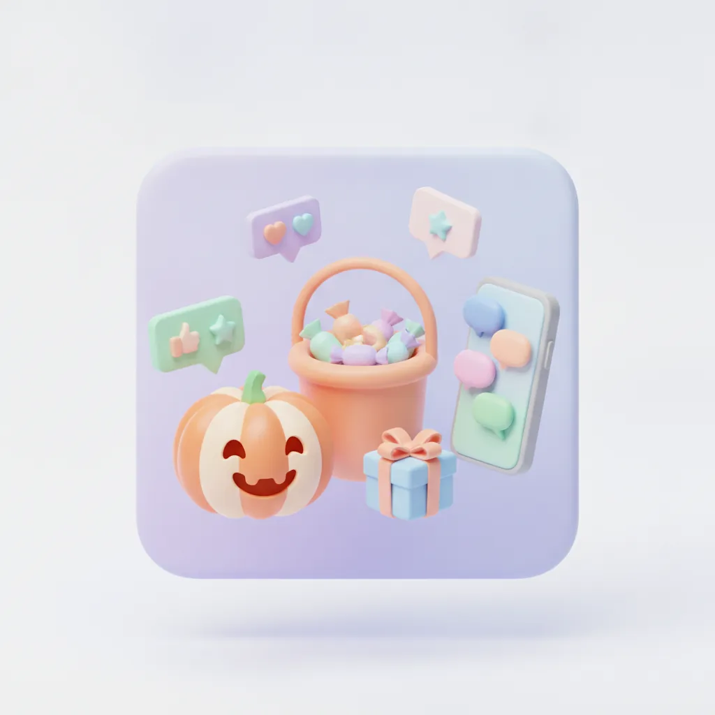 Treat bucket with sweets and a gift beside a pumpkin and phone