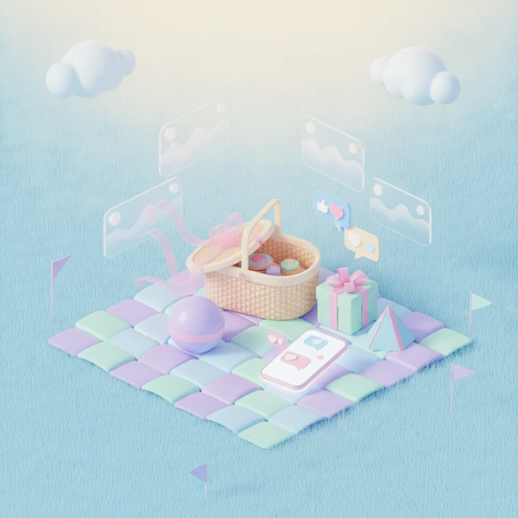Picnic blanket with a basket, gift boxes and a phone