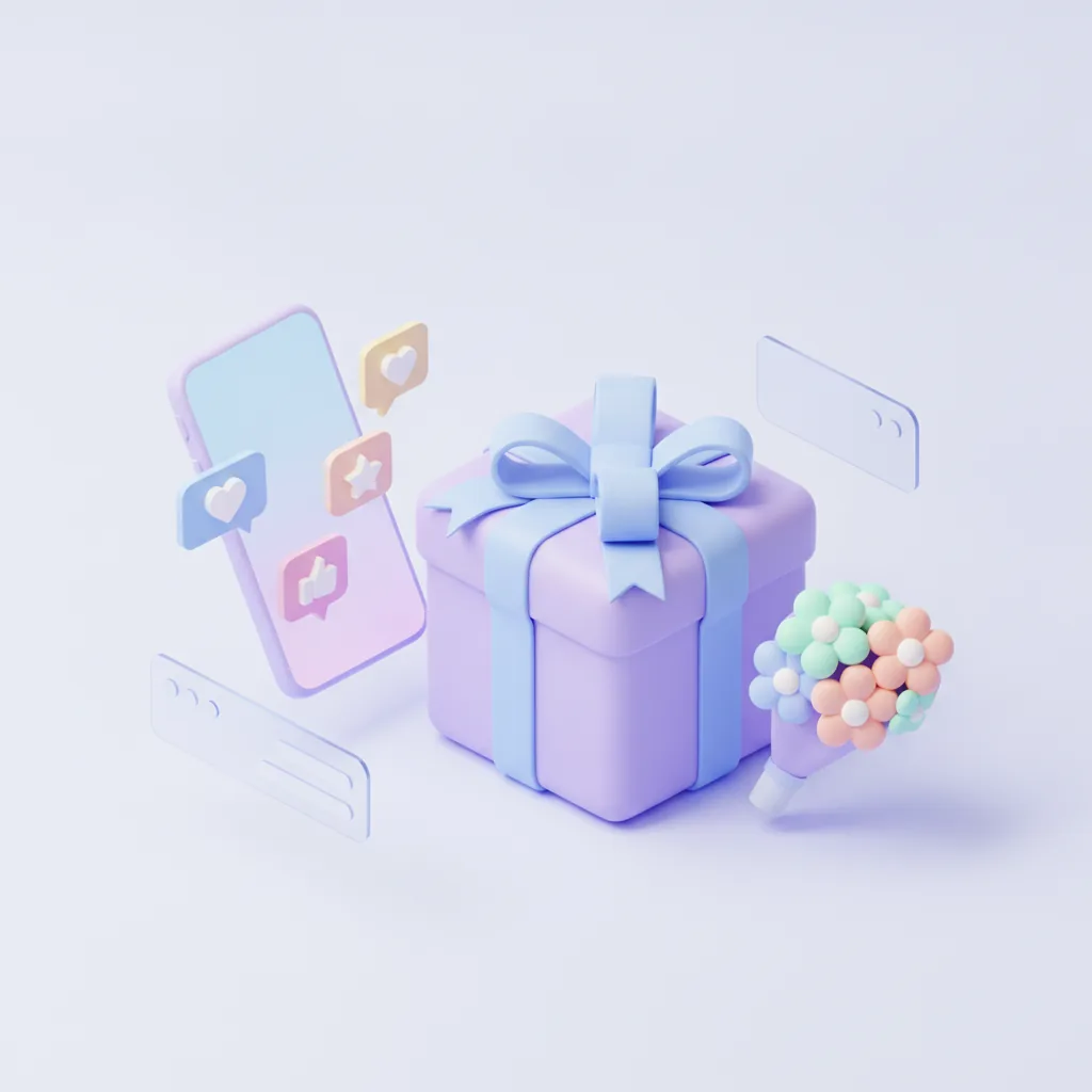 Gift box and flowers beside a phone with comments