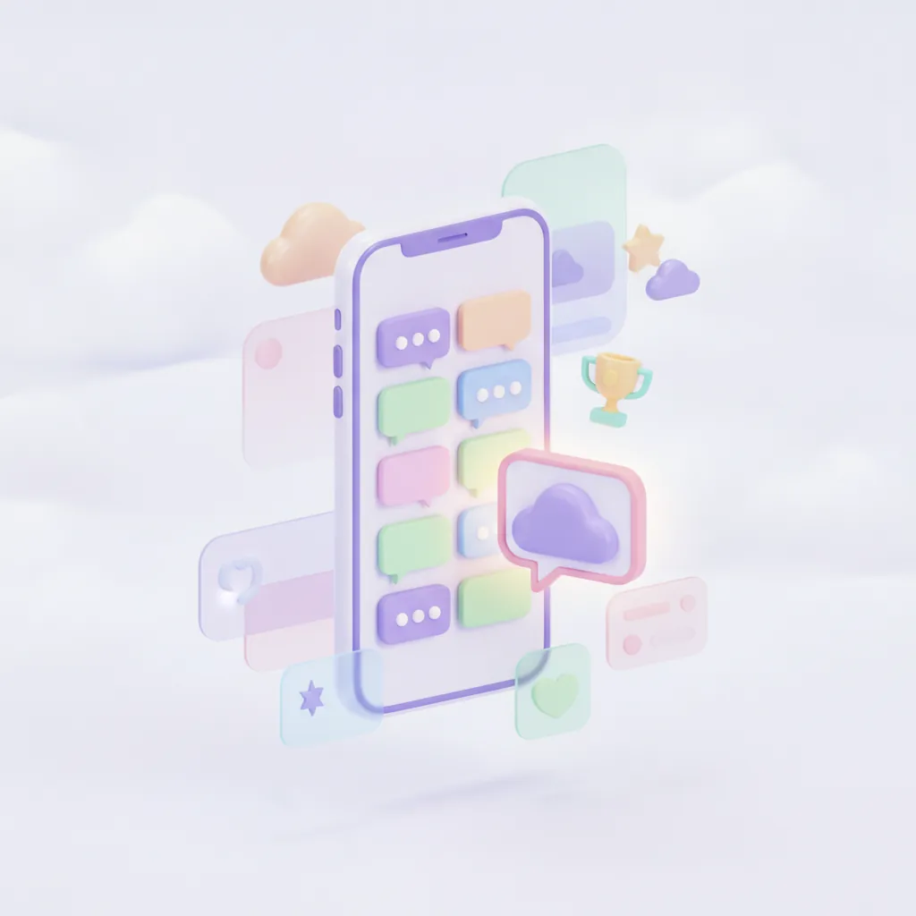 Phone with comment bubbles, one highlighted next to a trophy