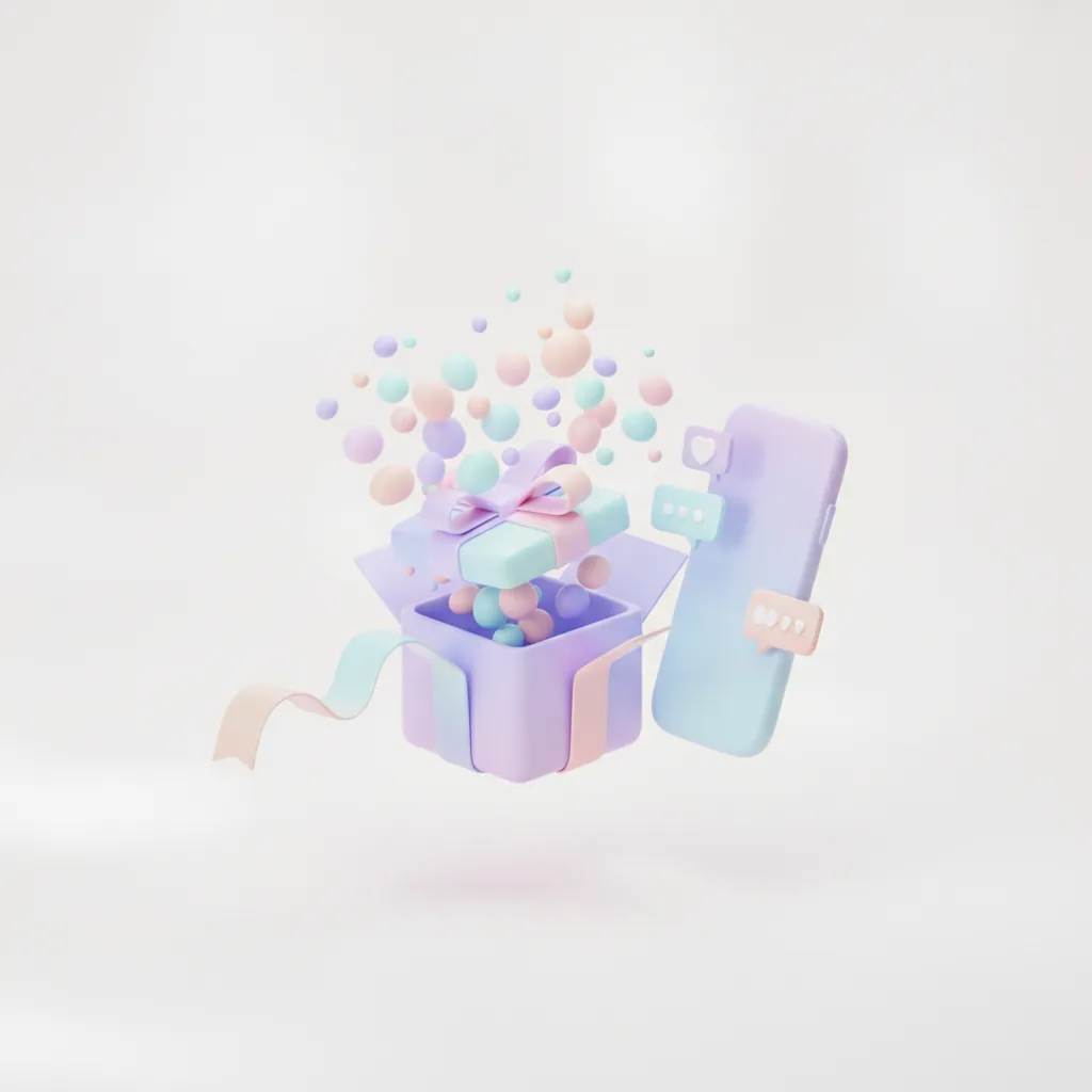 New product box opening with confetti beside a phone with comments
