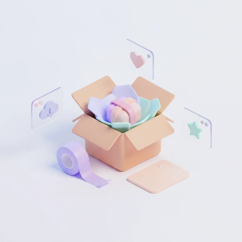 Open shipping box with a wrapped gift and note card
