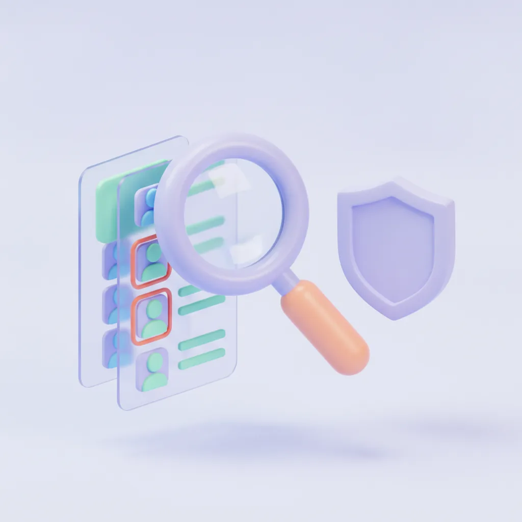 Magnifying glass over profile icons with a shield