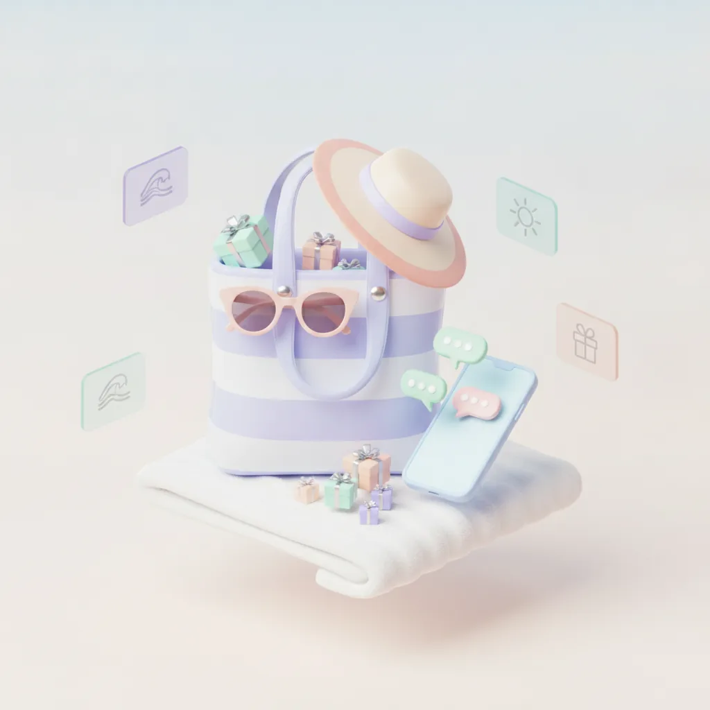 Beach tote with sunglasses, sun hat and small gift boxes
