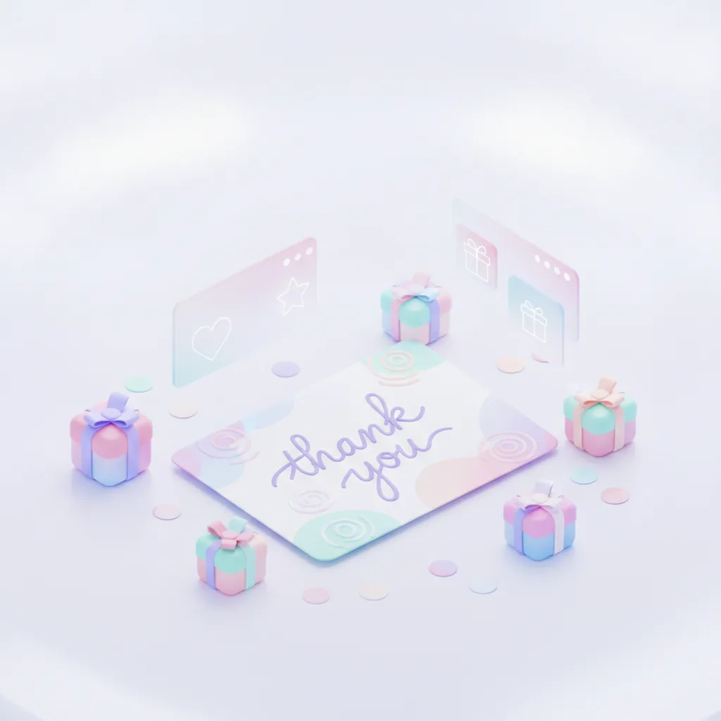 Thank-you card with small gift boxes and confetti