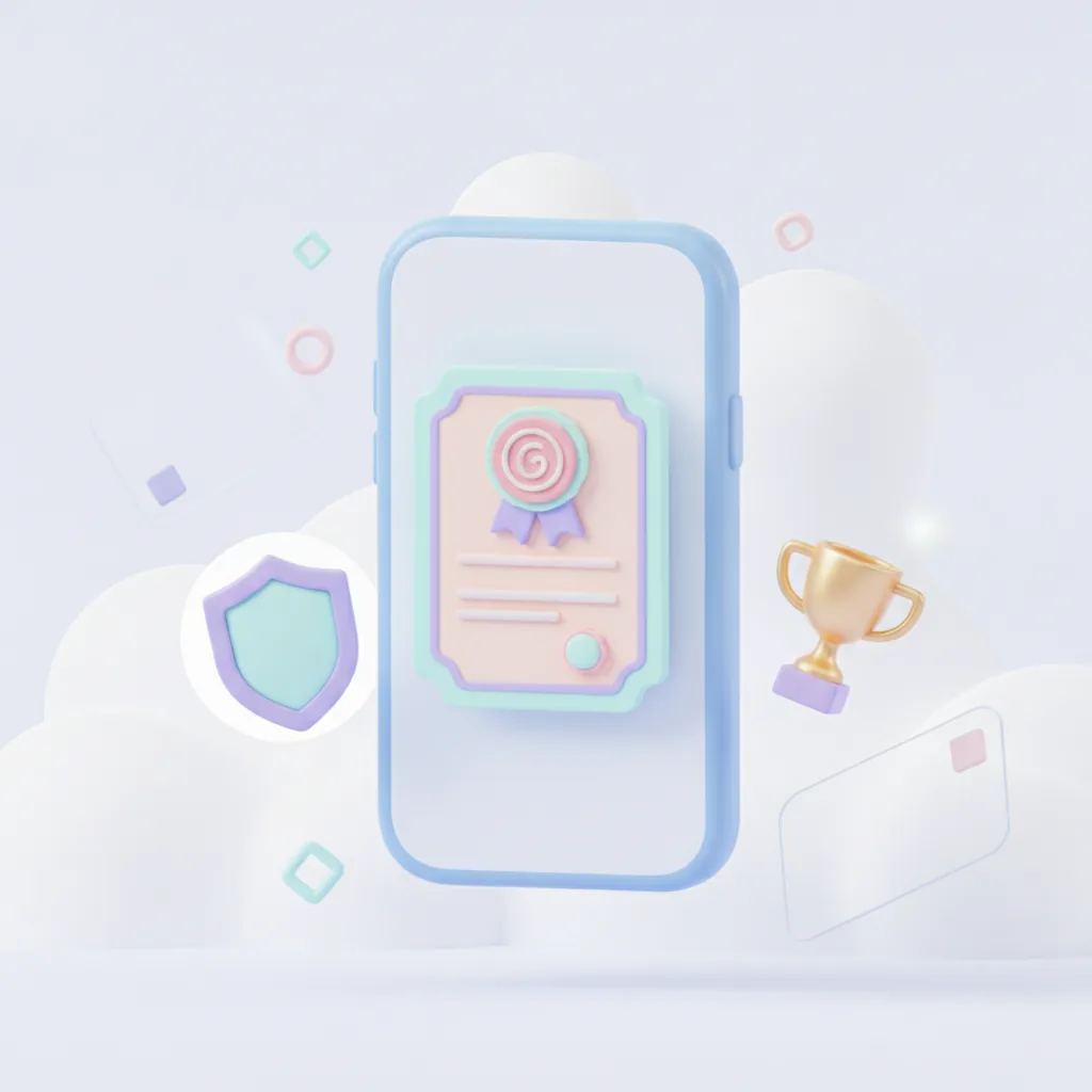 Winner certificate on a phone screen next to a shield and trophy