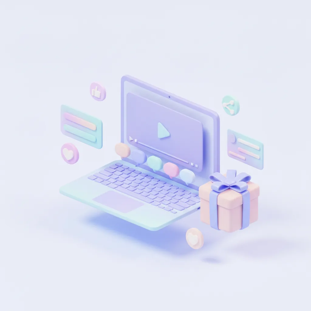 Laptop with a video and comments, next to a gift box